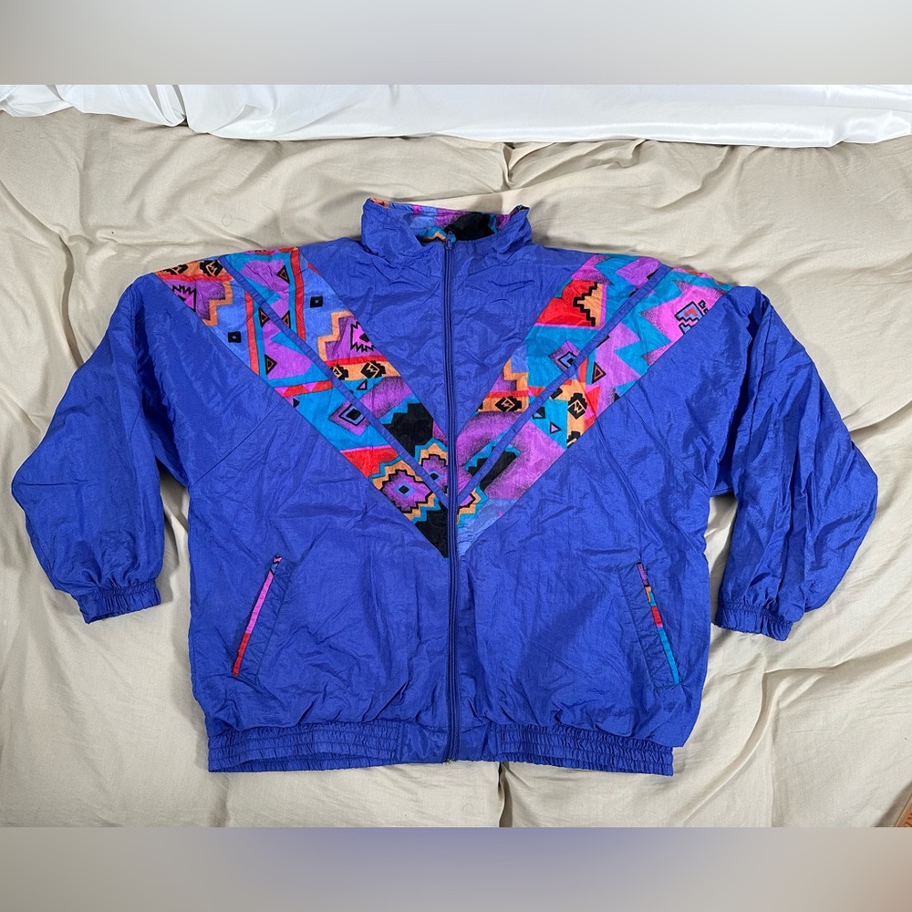 Vintage 80s Bolo Spirit Vibrant Purple Aztec Print XL Windbreaker Track Jacket
